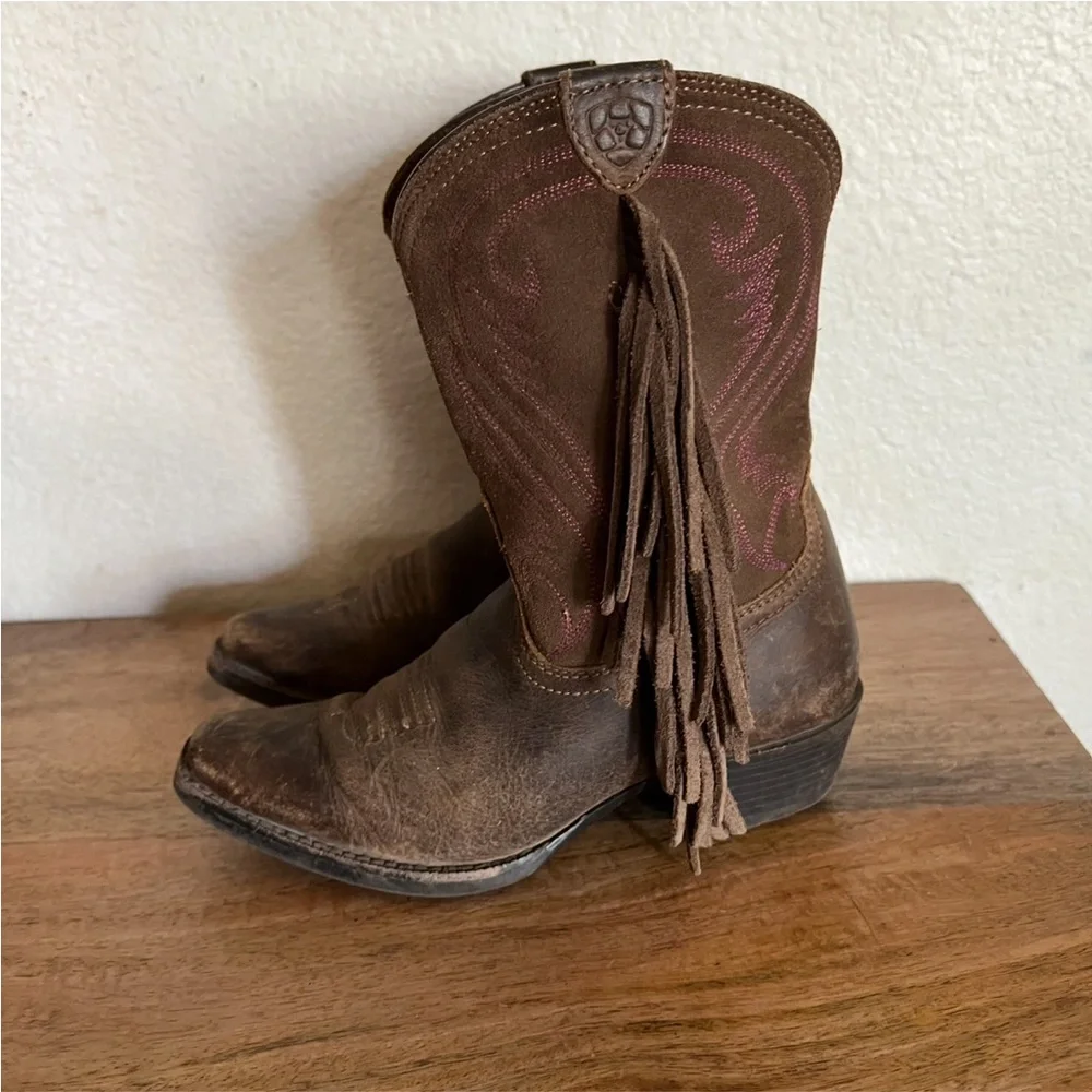Ariat Brown Leather  Fringe Western Ankle Boots Size 12.5